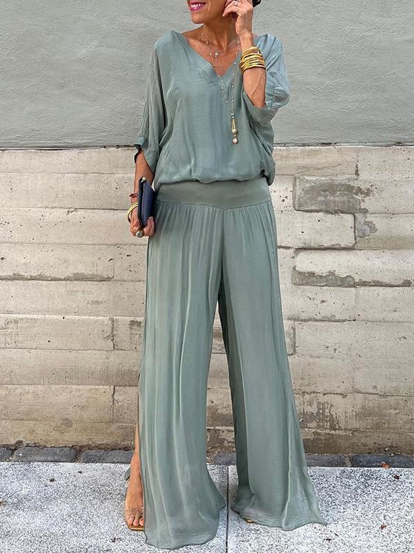Saila | Robe maxi pour femmes décolleté en V, manches chauve-souris, couleur unie