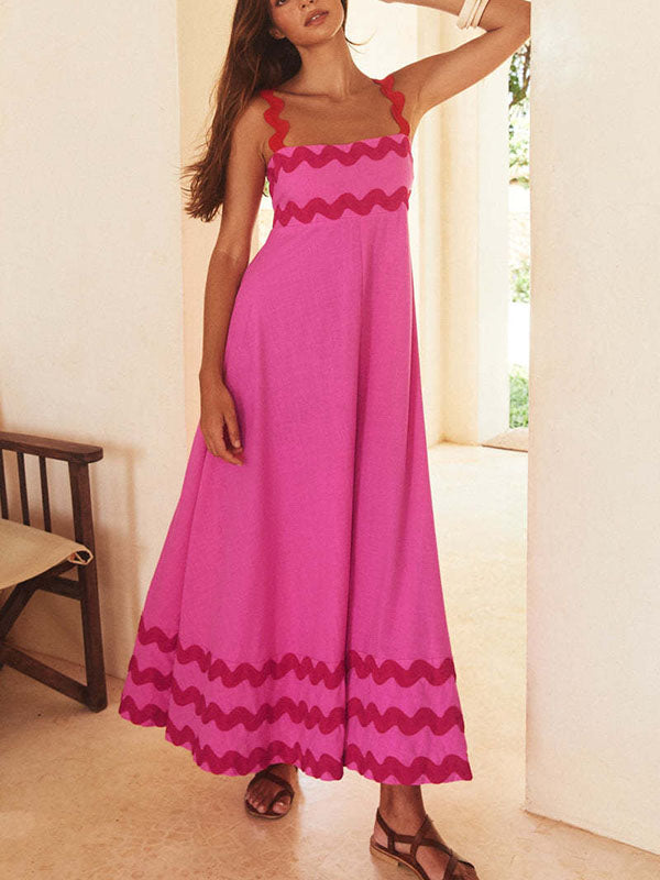 Robe mi-longue coupe trapèze, taille haute, à fermeture éclair, à col carré, couleur contrastée