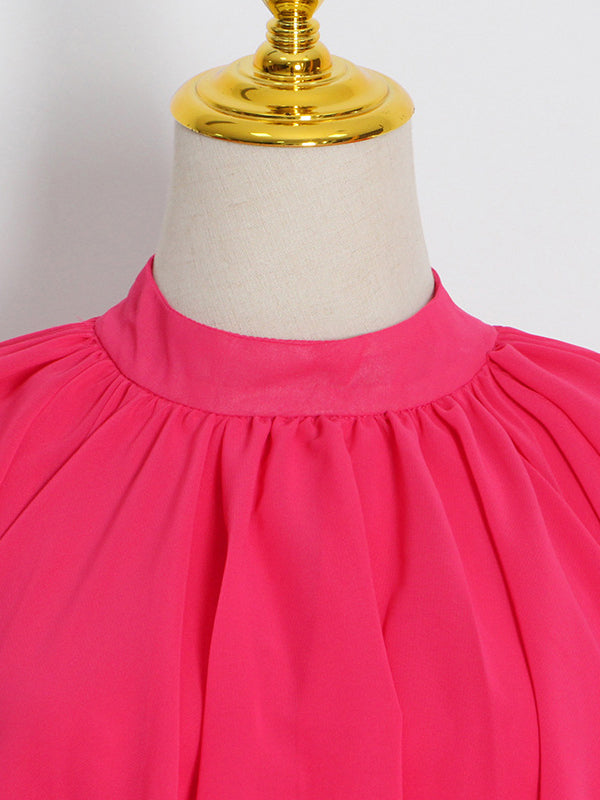 Robe longue ample à manches raglan, à volants étagés, à col montant, couleur unie
