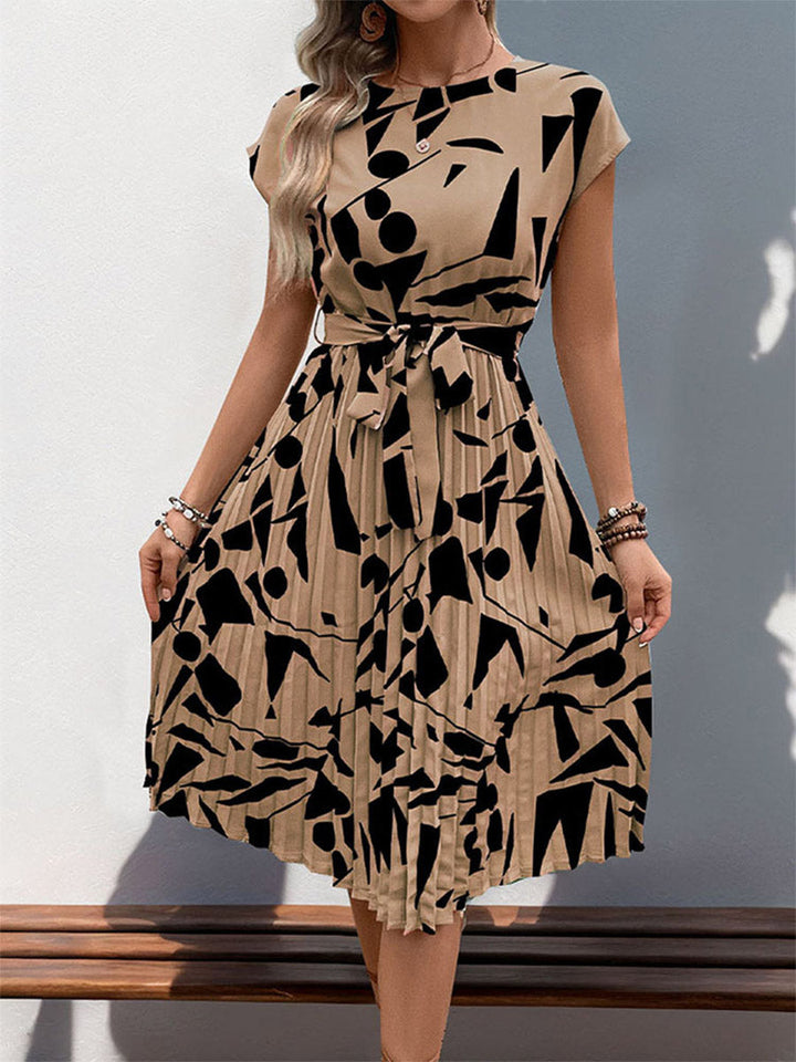 Robes mi-longues à taille haute, sans manches, imprimé abstrait, couleur contrastée, plissées, à pois, fendues, nouées, col rond