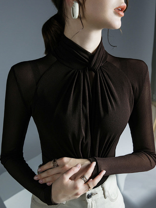 Blouses à manches longues grandes tailles en maille ajourée plissée transparente, couleur unie, col roulé torsadé