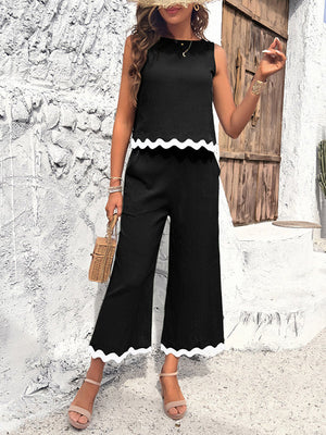 Ensemble deux pièces ample boutonné sans manches, à empiècements, couleur contrastée – débardeur + bas