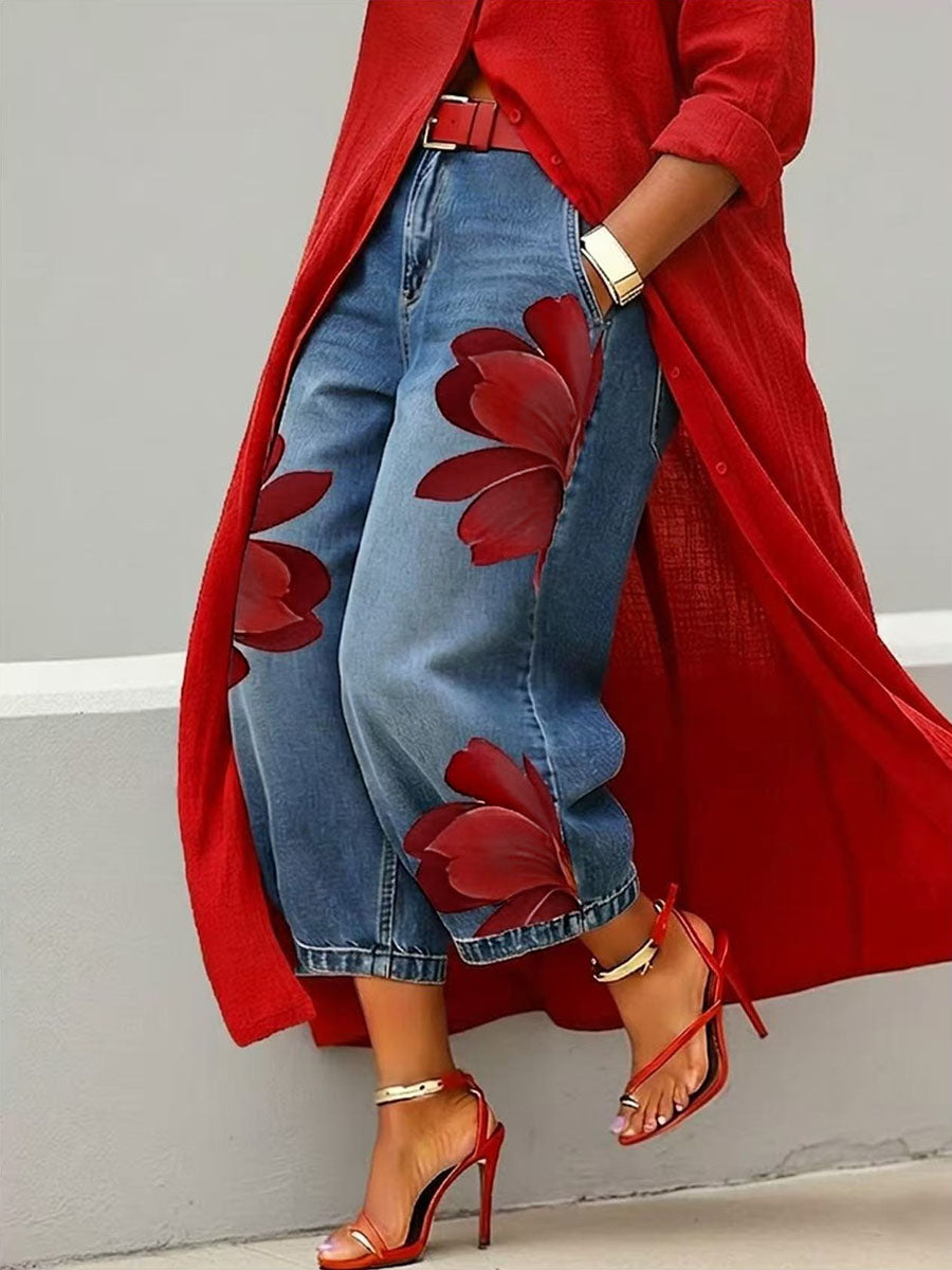 Pantalon 7/8 ample à jambes larges, à imprimé floral, sans ceinture, à poches