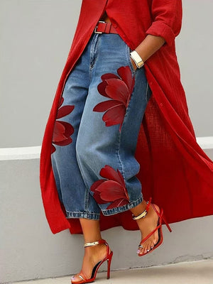 Pantalon 7/8 ample à jambes larges, à imprimé floral, sans ceinture, à poches
