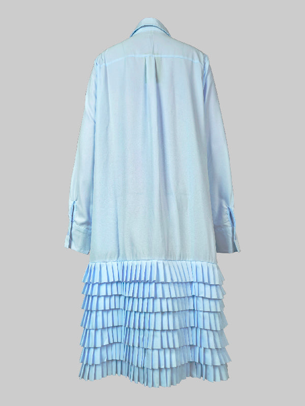 Robe chemise superposée plissée coupe trapèze, à manches longues, à poches, à empiècements, à col revers, couleur unie