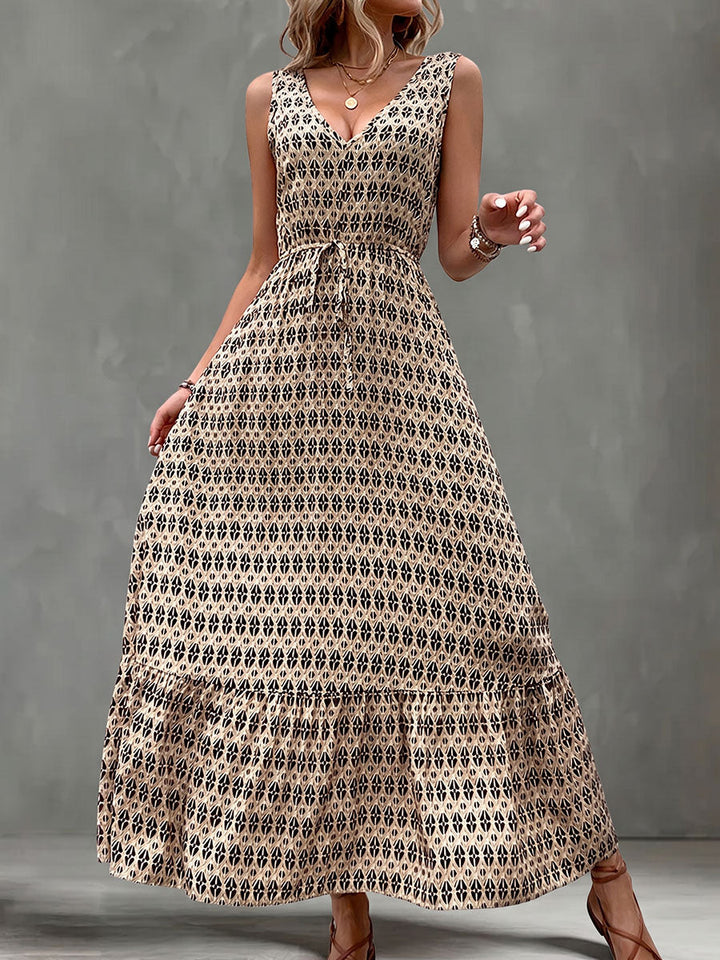 Robe longue imprimée taille haute, sans manches, à taille nouée, à col en V, couleur contrastée