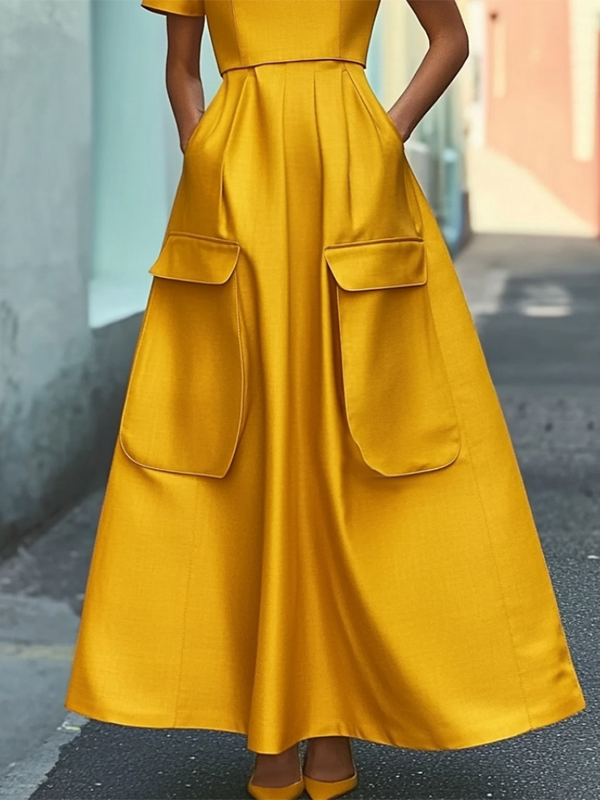 Robe longue à manches courtes, à poches, à col montant, couleur unie