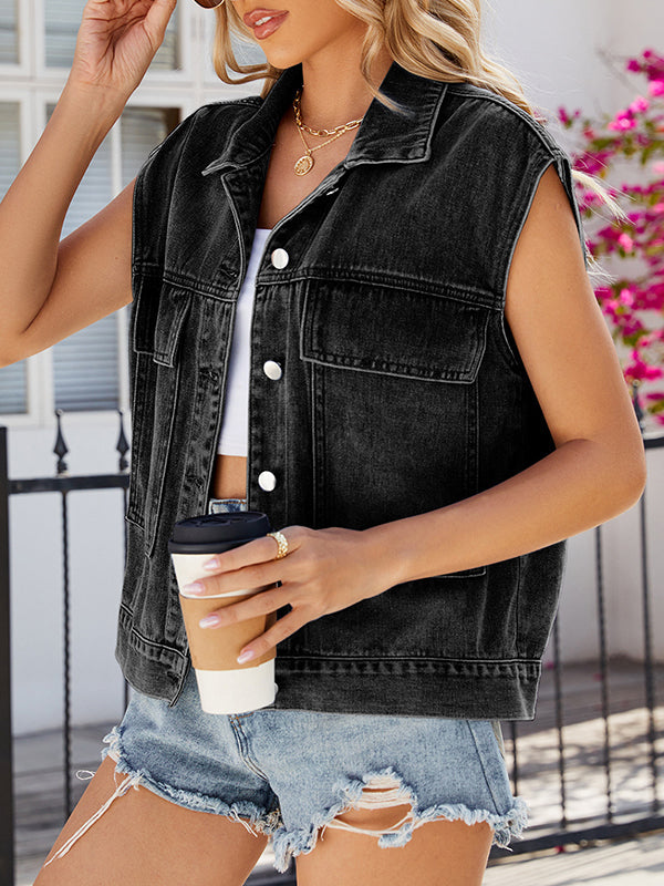 Gilet sans manches ample boutonné à poches, à col revers