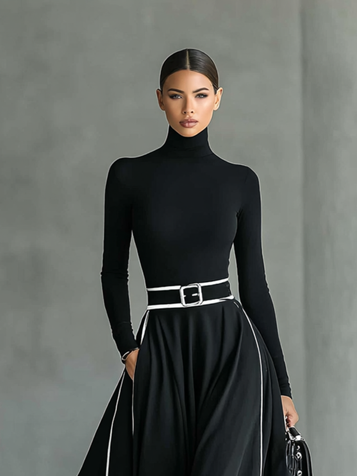 Romilly – Robe Maxi à Manches Longues avec Ceinture Fine