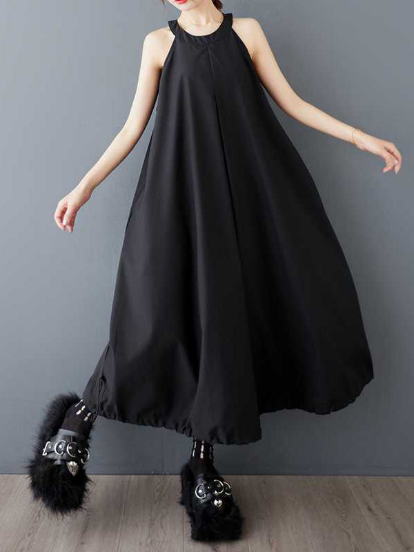 Robe mi-longue ample plissée coupe trapèze, à cordon de serrage, à poches, à fermeture éclair, à fines bretelles, couleur unie