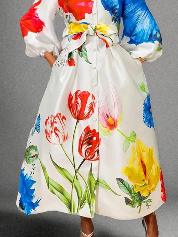 Robe longue boutonnée coupe trapèze, à manches longues, à taille élastique, à poches, à taille nouée, à col cheminée
