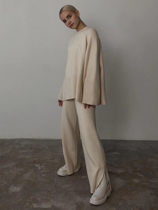 Ensemble deux pièces décontracté ample à manches longues, à col rond, à jambes larges, couleur unie – pull + pantalon