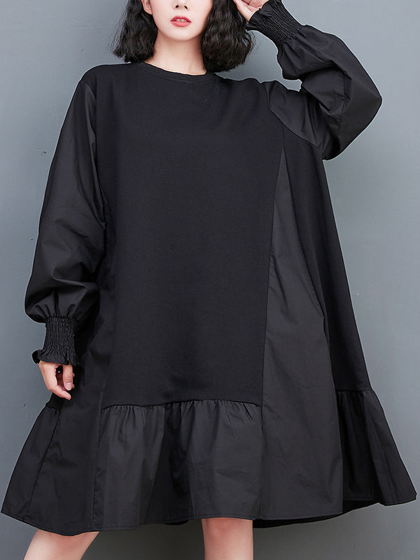 Robe mi-longue ample plissée à manches bouffantes, à empiècements, à col rond, couleur unie