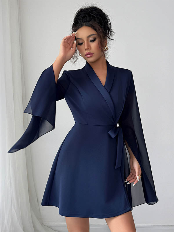 Trapèze taille élastiquée entrelacé transparent couleur unie à empiècements taille nouée sur le côté col en V Robes courtes