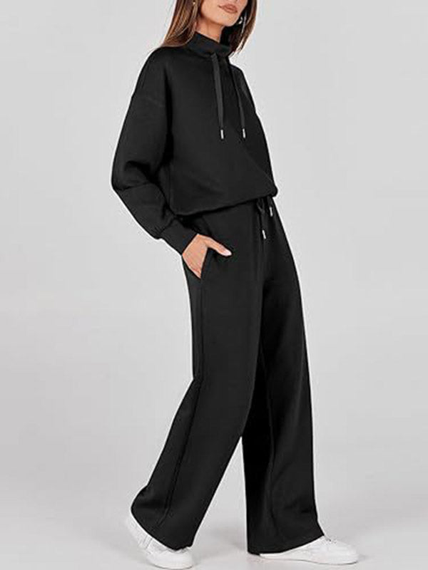 Ensemble deux pièces taille haute, manches longues, cordon de serrage, sweat-shirt fendu + pantalon/pantalon