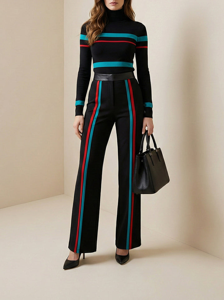 Pantalon rayé taille haute, couleur contrastée