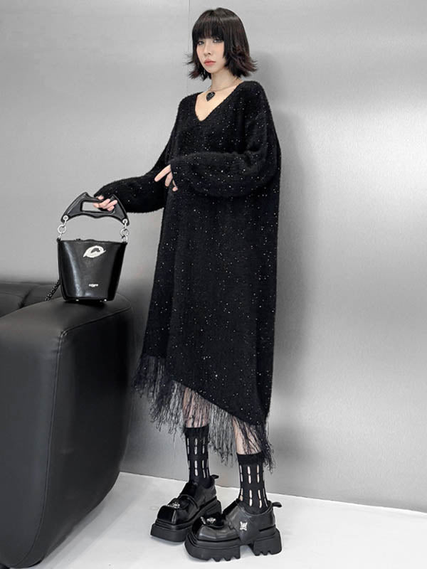 Robe pull brillante à coupe irrégulière, à manches longues, à sequins, à empiècements, à pompons, à col en V, couleur contrastée