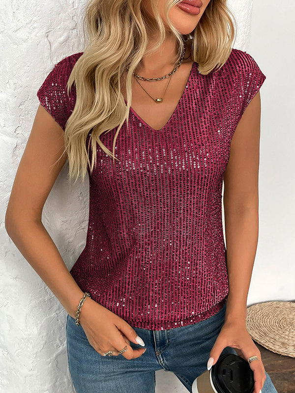 T-shirt ample brillant à manches chauve-souris, à sequins, à col en V