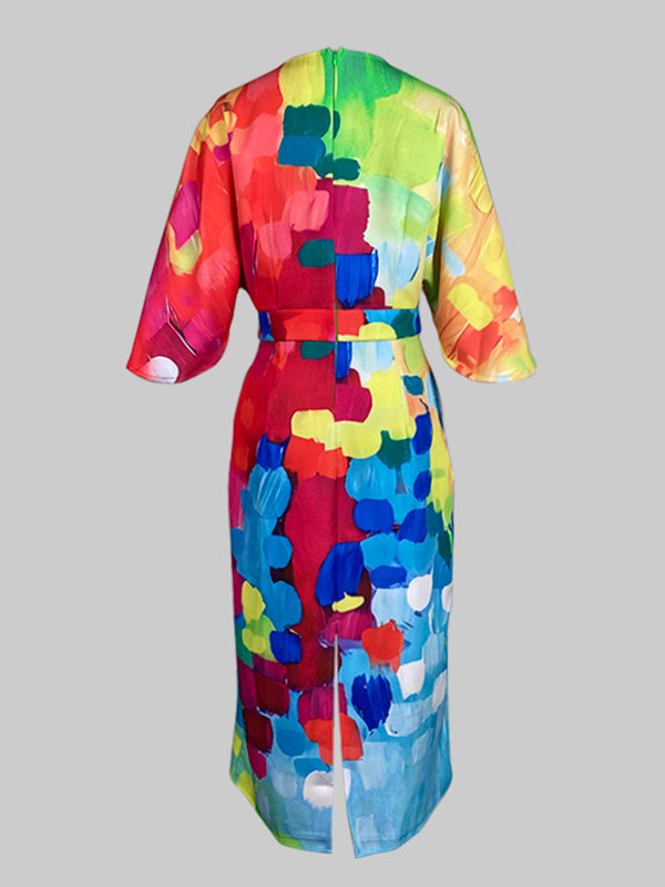 Robe mi-longue ample asymétrique à empiècements, à taille nouée, à col rond