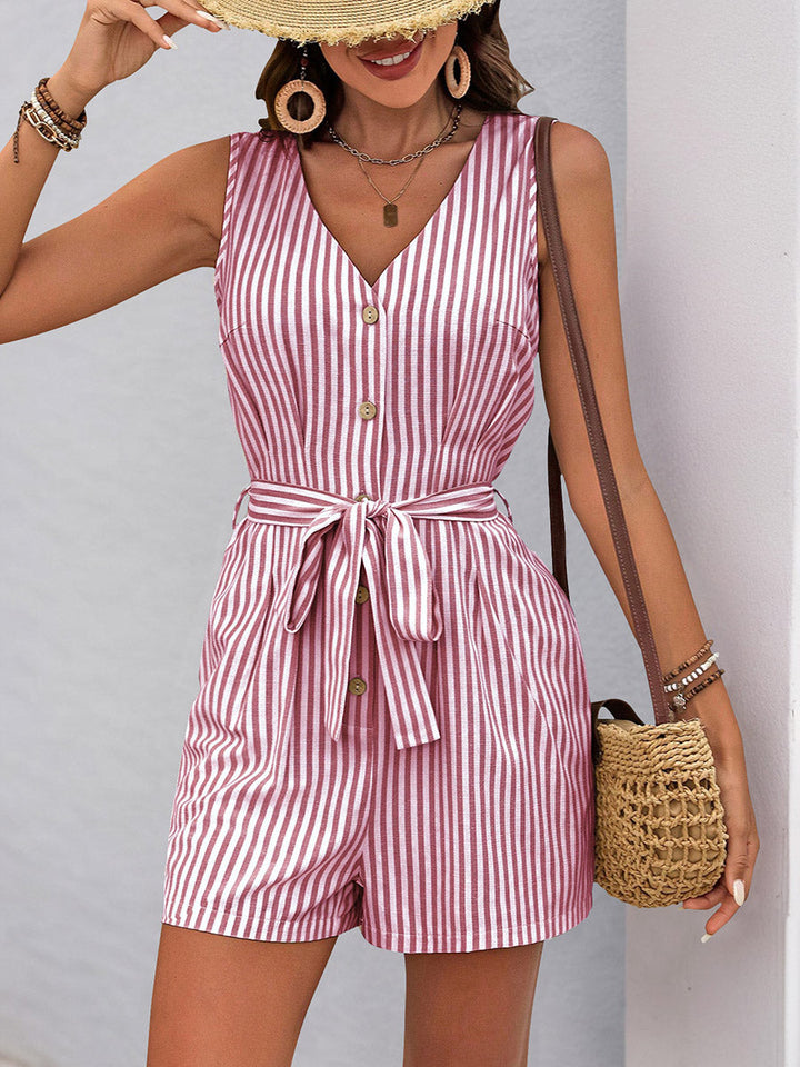 Combishort boutonné rayé à taille élastique, taille haute, à poches, à taille nouée, à col en V
