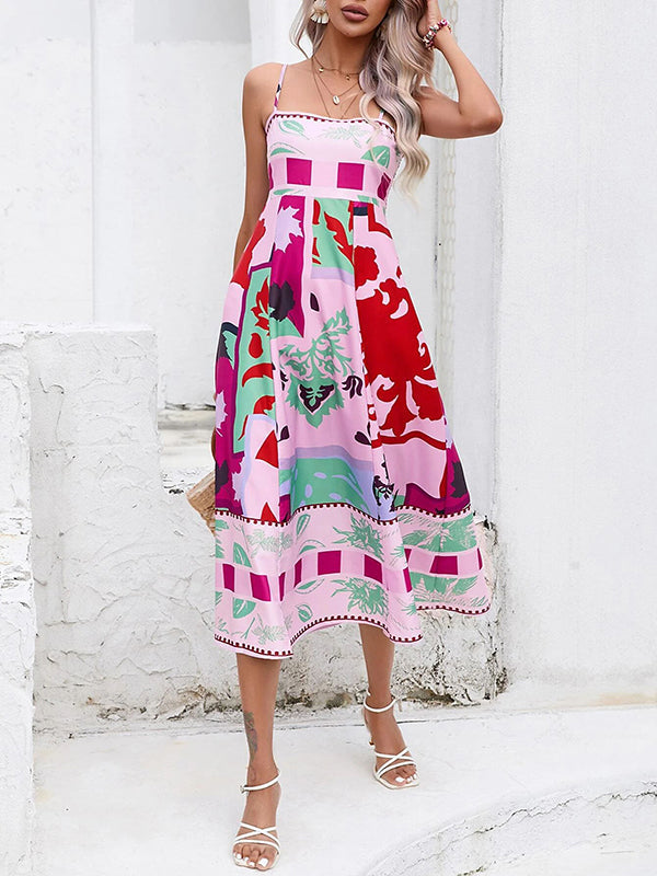 Robe mi-longue sans col, taille haute, plissée, imprimée, fendue, sans col