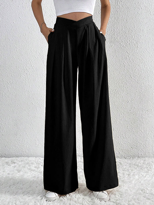 Pantalon ample plissé à jambes larges, couleur unie