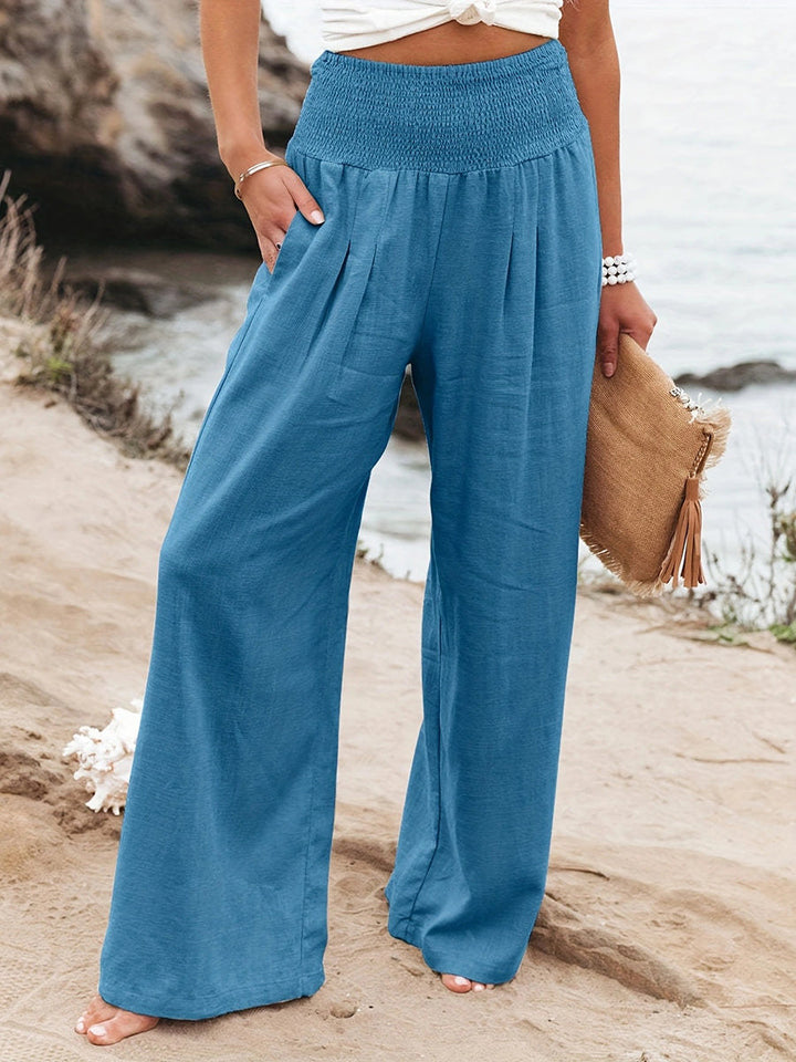Pantalon plissé à taille élastique, taille haute, à poches, à empiècements, couleur unie