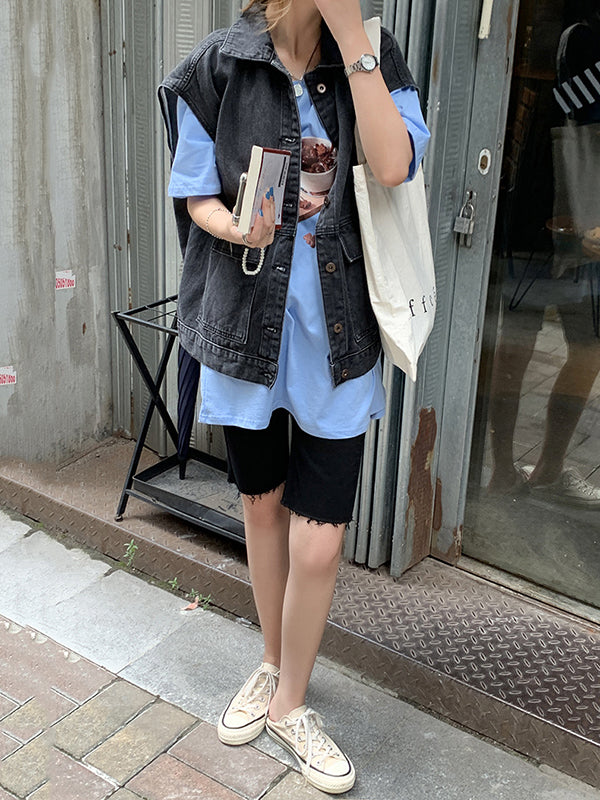 Gilet sans manches simple à empiècements, en jean, couleur unie