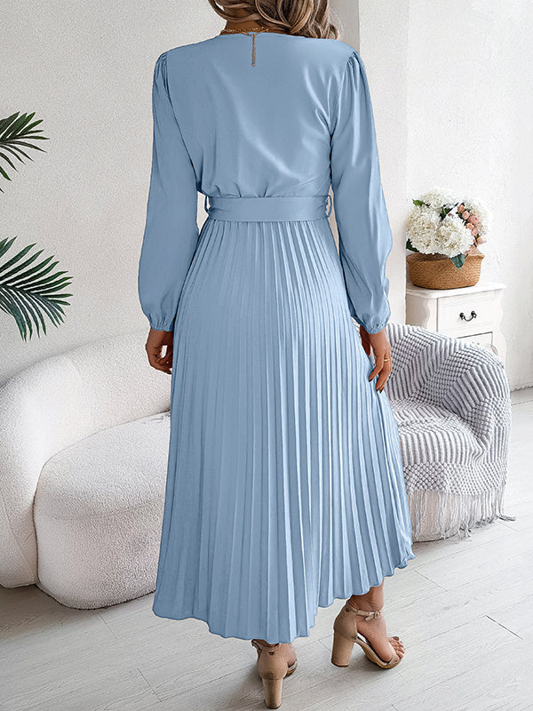 Robe longue boutonnée plissée taille haute, à manches longues, avec ceinture, à col en V, couleur unie