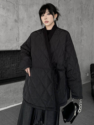 Manteau rembourré à manches longues, ample, à carreaux, couleur unie, à empiècements, noué, sans col, vêtements d'extérieur