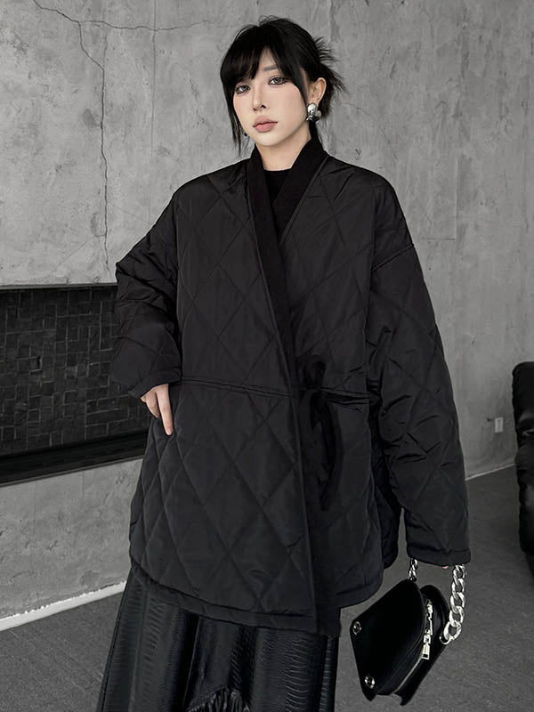 Manteau rembourré à manches longues, ample, à carreaux, couleur unie, à empiècements, noué, sans col, vêtements d'extérieur