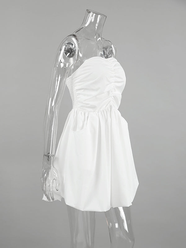 Robe courte plissée coupe trapèze, taille haute, à taille élastique, à poches, bustier, couleur unie