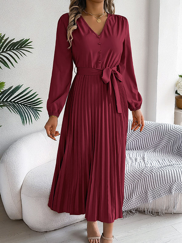 Robe longue boutonnée plissée taille haute, à manches longues, avec ceinture, à col en V, couleur unie