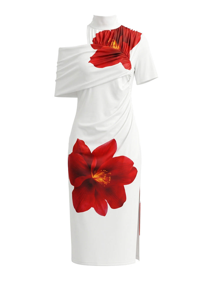 Robe mi-longue moulante plissée fendue devant à manches courtes, à imprimé floral, à col haut