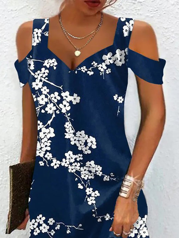 Robe courte ajourée coupe trapèze, taille haute, à imprimé floral, à épaules ajourées