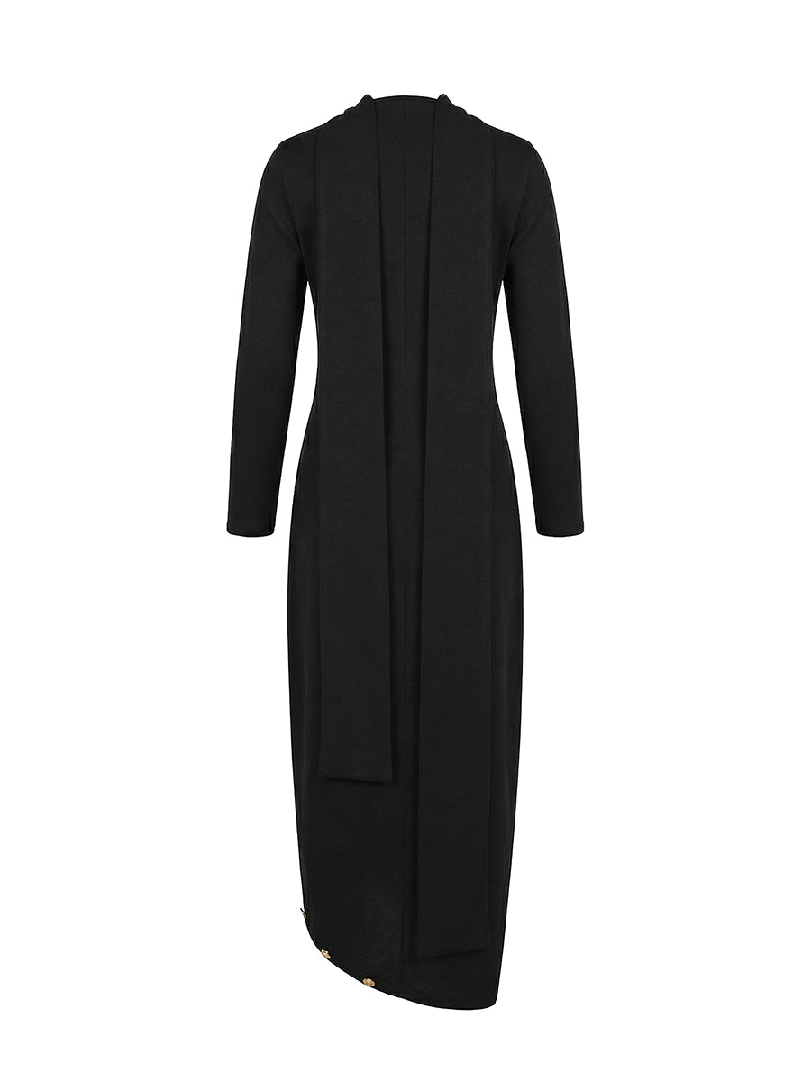 Robe longue ample asymétrique boutonnée fendue sur le côté à manches longues, à empiècements, à col cheminée