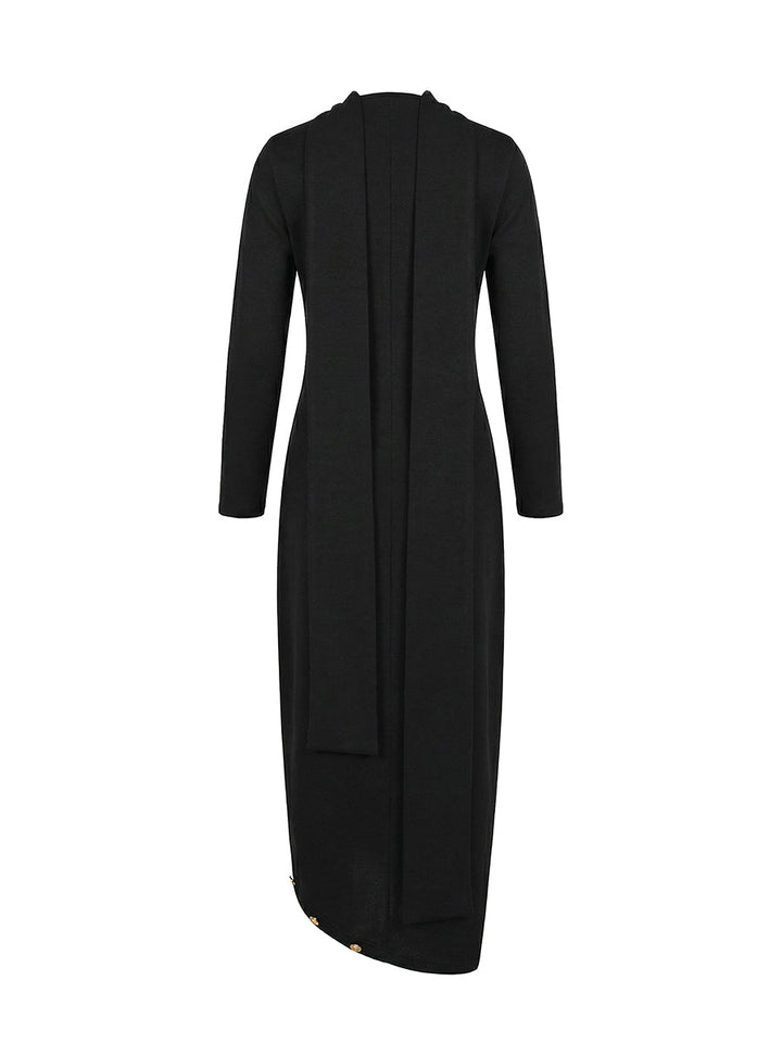 Robe longue ample asymétrique boutonnée fendue sur le côté à manches longues, à empiècements, à col cheminée