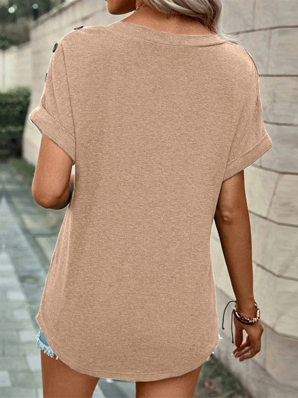 T-shirt ample boutonné à manches courtes, à col en V, couleur unie