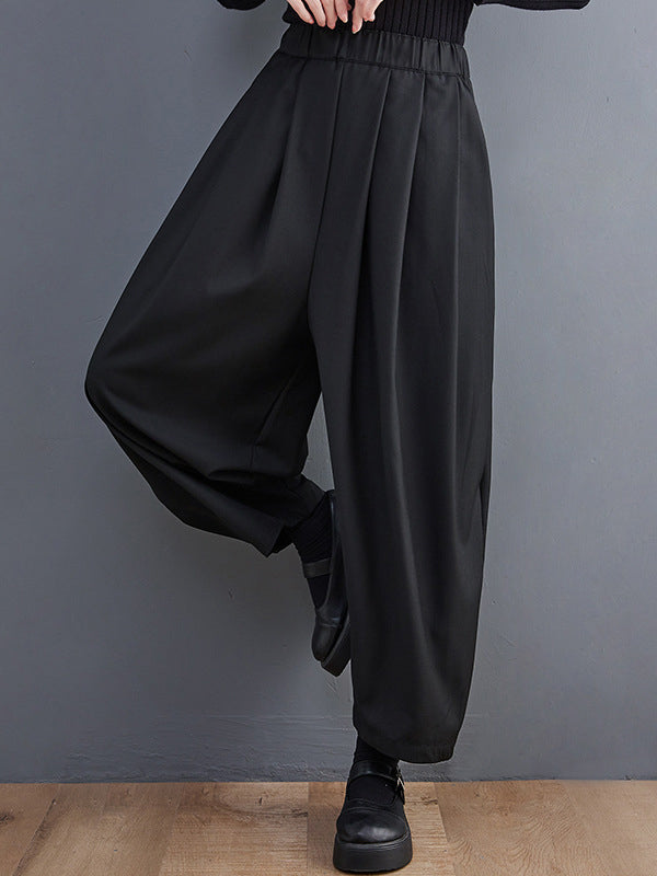 Pantalon décontracté ample plissé à jambes larges, couleur unie