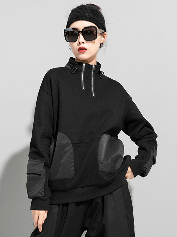 Sweat-shirt décontracté ample à manches longues, à fermeture éclair, à col haut, couleur unie