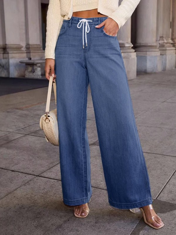Jean ample taille haute, à cordon de serrage, à taille élastique, à empiècements