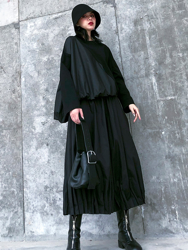 Pantalon élégant noir taille haute, à jambes larges, couleur unie