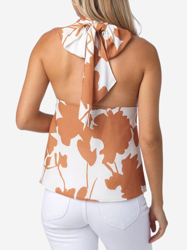 Ensemble deux pièces ample noué dos nu, à imprimé floral, à col licou, à taille élastique, à poches, taille haute – débardeur + short