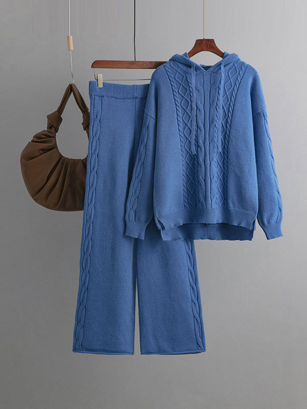 Ensemble deux pièces urbain ample à capuche, à ourlet plongeant, à jambes larges, couleur unie – pull + pantalon