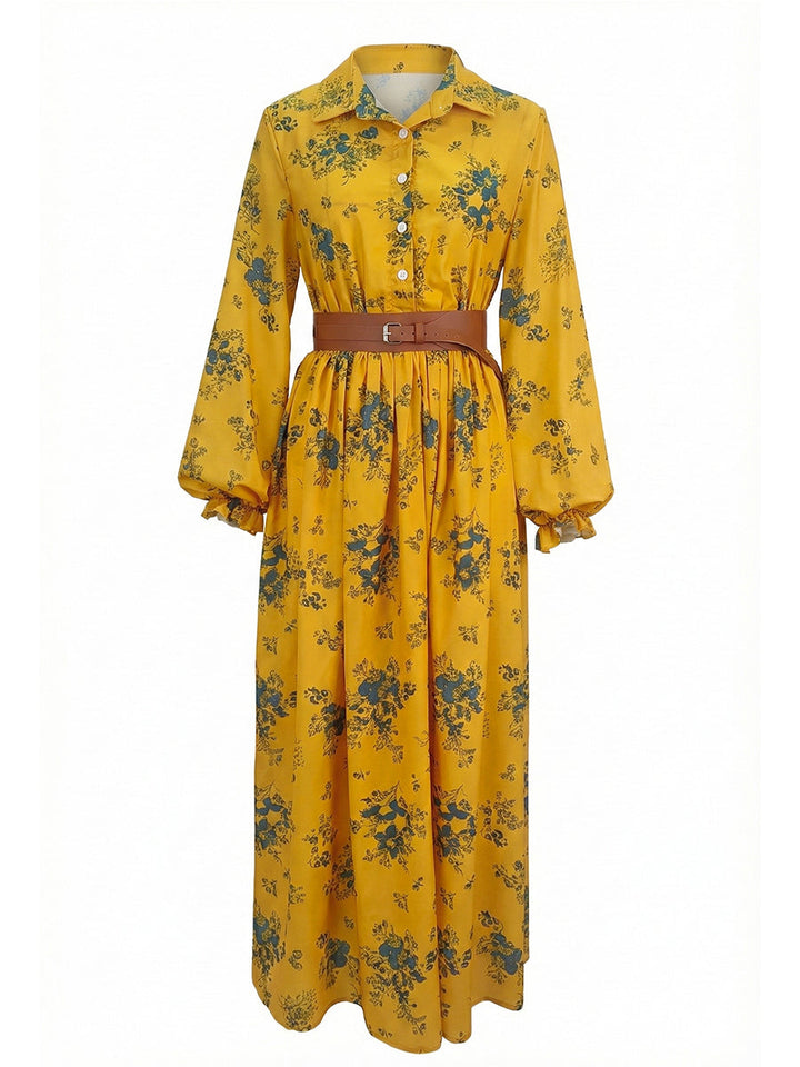 Robe chemise boutonnée plissée coupe trapèze, à taille élastique, avec ceinture, à imprimé floral, à empiècements, à col revers, couleur contrastée