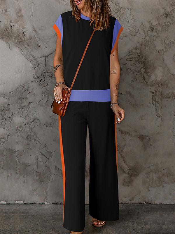 Ensemble deux pièces ample à manches raglan, à empiècements, à col rond, à taille élastique, couleur contrastée – t-shirt + bas