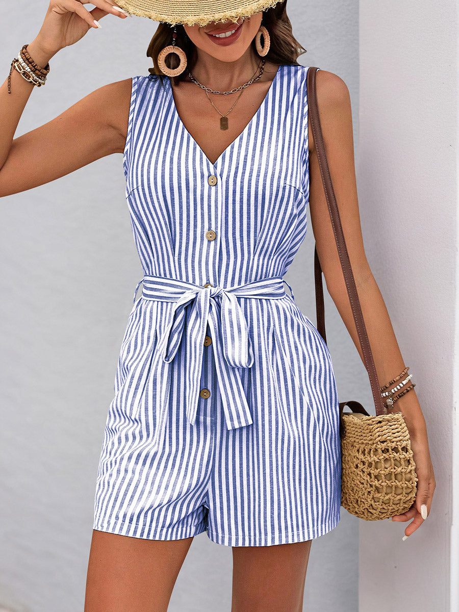Combishort boutonné rayé à taille élastique, taille haute, à poches, à taille nouée, à col en V