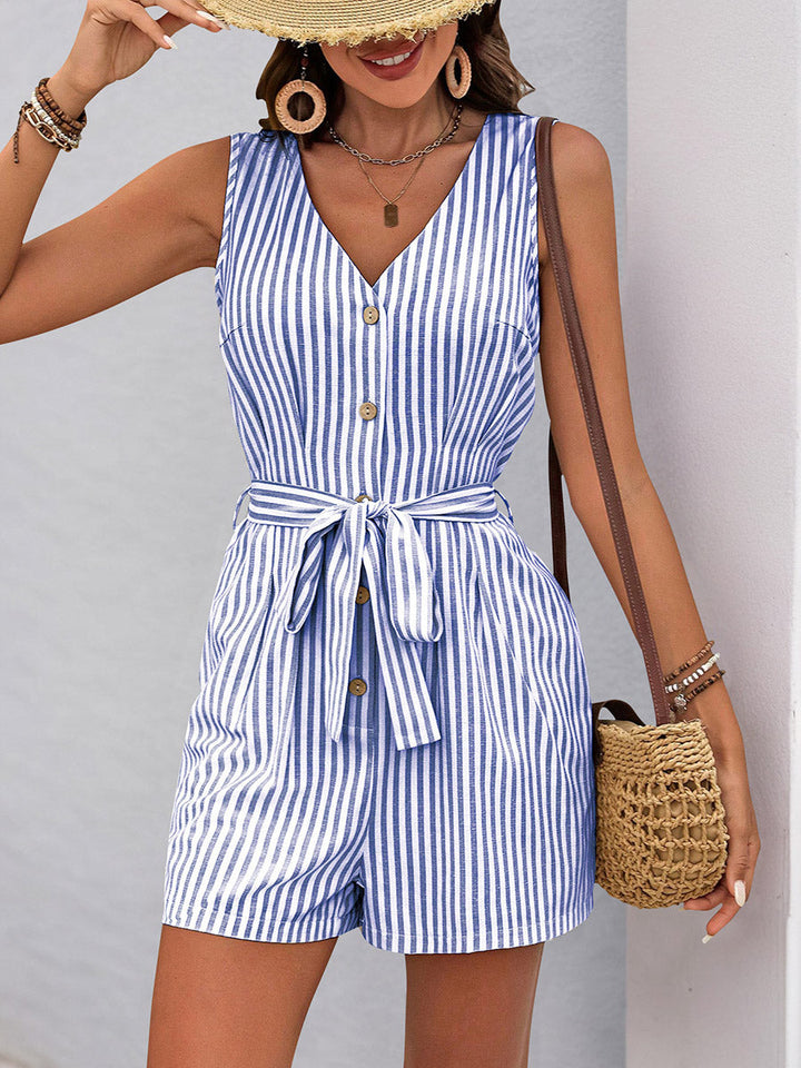 Combishort boutonné rayé à taille élastique, taille haute, à poches, à taille nouée, à col en V