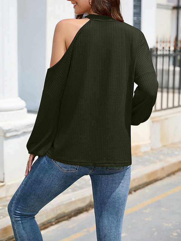 Chemise ample ajourée asymétrique à une épaule, couleur unie