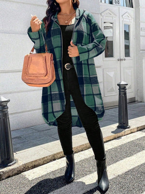 Veste à ourlet plongeant, à manches longues, à carreaux, à fermeture éclair, à capuche